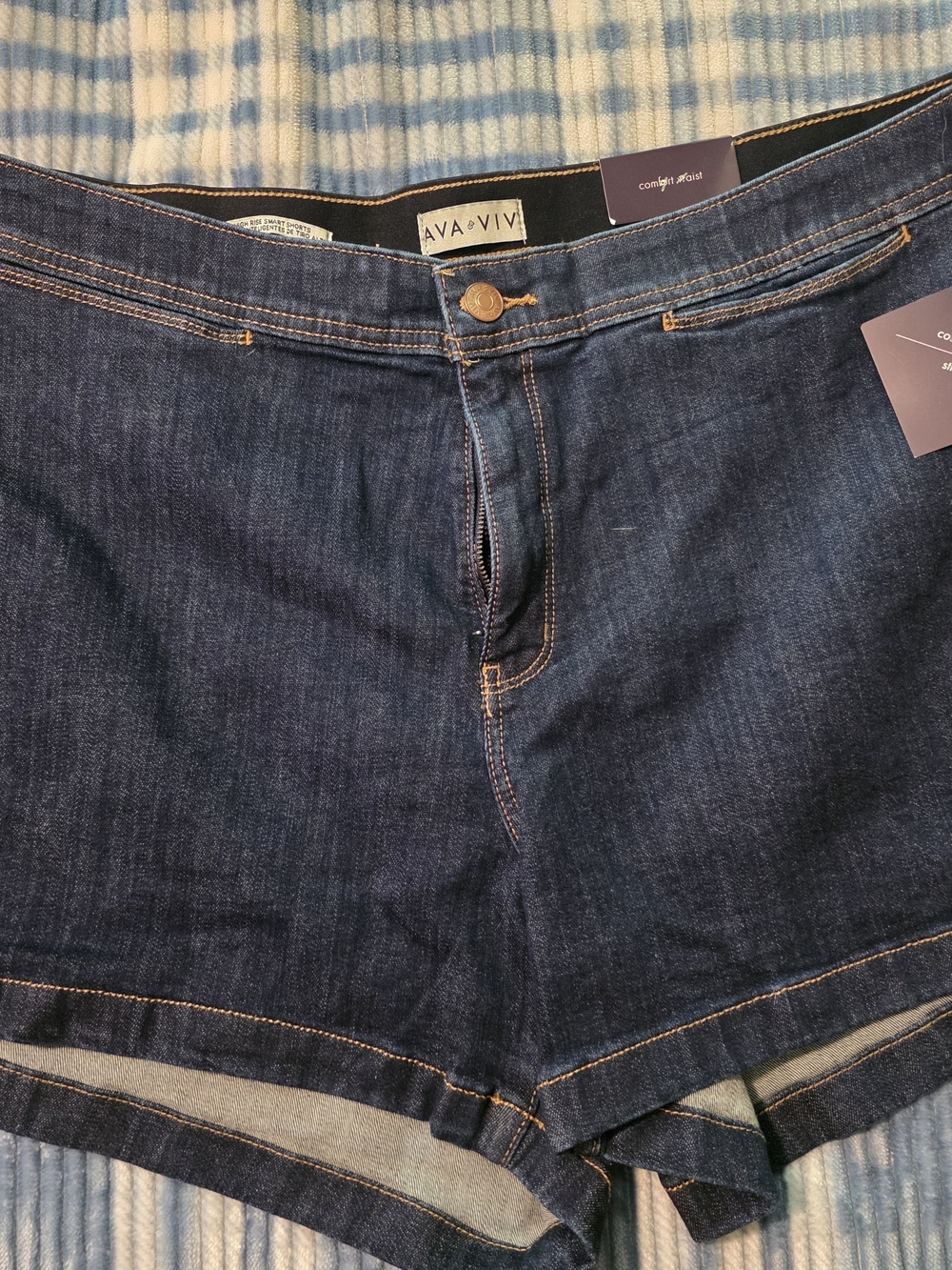 Ava & Viv Dark Blue High-Rise Denim Shorts with Gold Topstitching